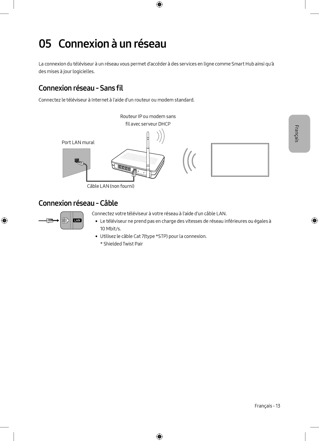 Samsung UE65MU8000TXMI, UE49MU8009TXZG manual Connexion à un réseau, Connexion réseau Sans fil, Connexion réseau Câble 