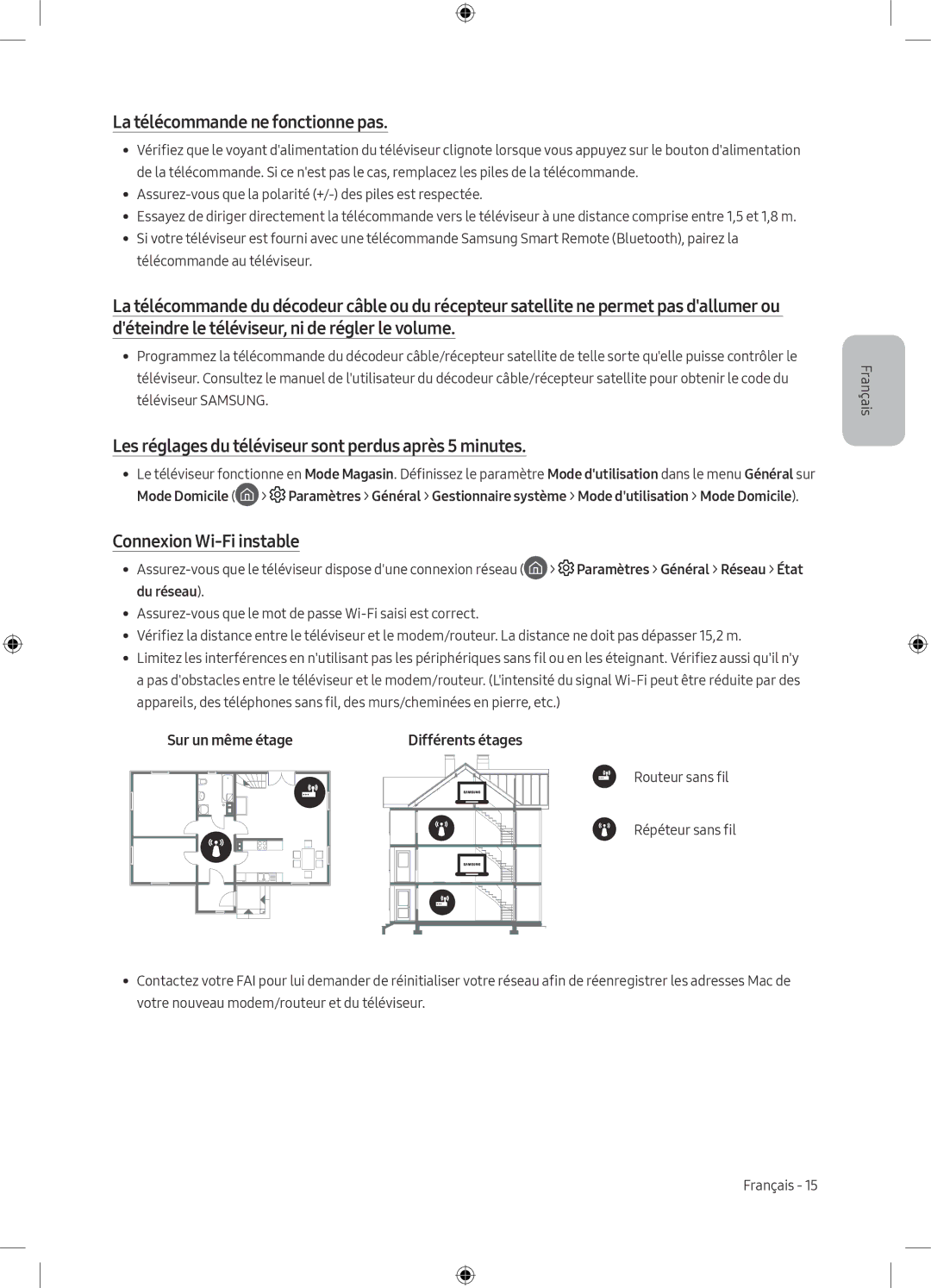 Samsung UE49MU8000TXXU manual La télécommande ne fonctionne pas, Les réglages du téléviseur sont perdus après 5 minutes 