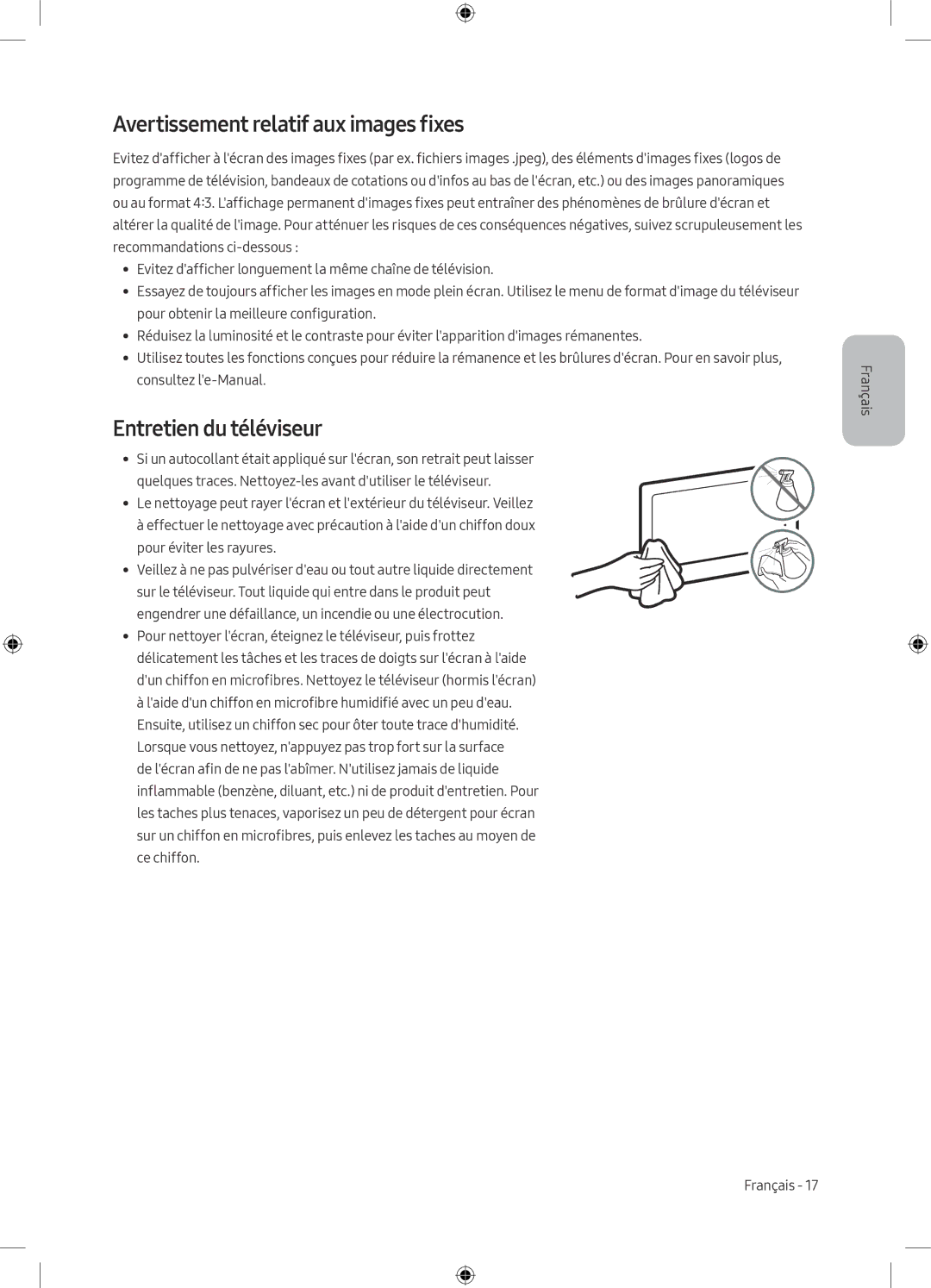 Samsung UE75MU8000TXSQ, UE49MU8009TXZG, UE75MU8009TXZG manual Avertissement relatif aux images fixes, Entretien du téléviseur 