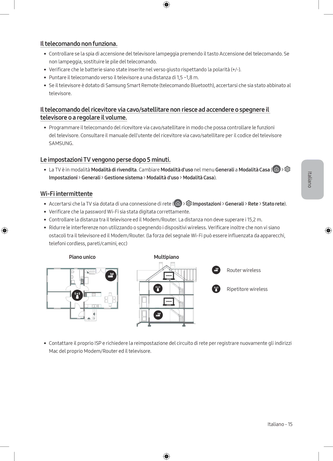 Samsung UE49MU8000TXXU Il telecomando non funziona, Le impostazioni TV vengono perse dopo 5 minuti, Wi-Fi intermittente 