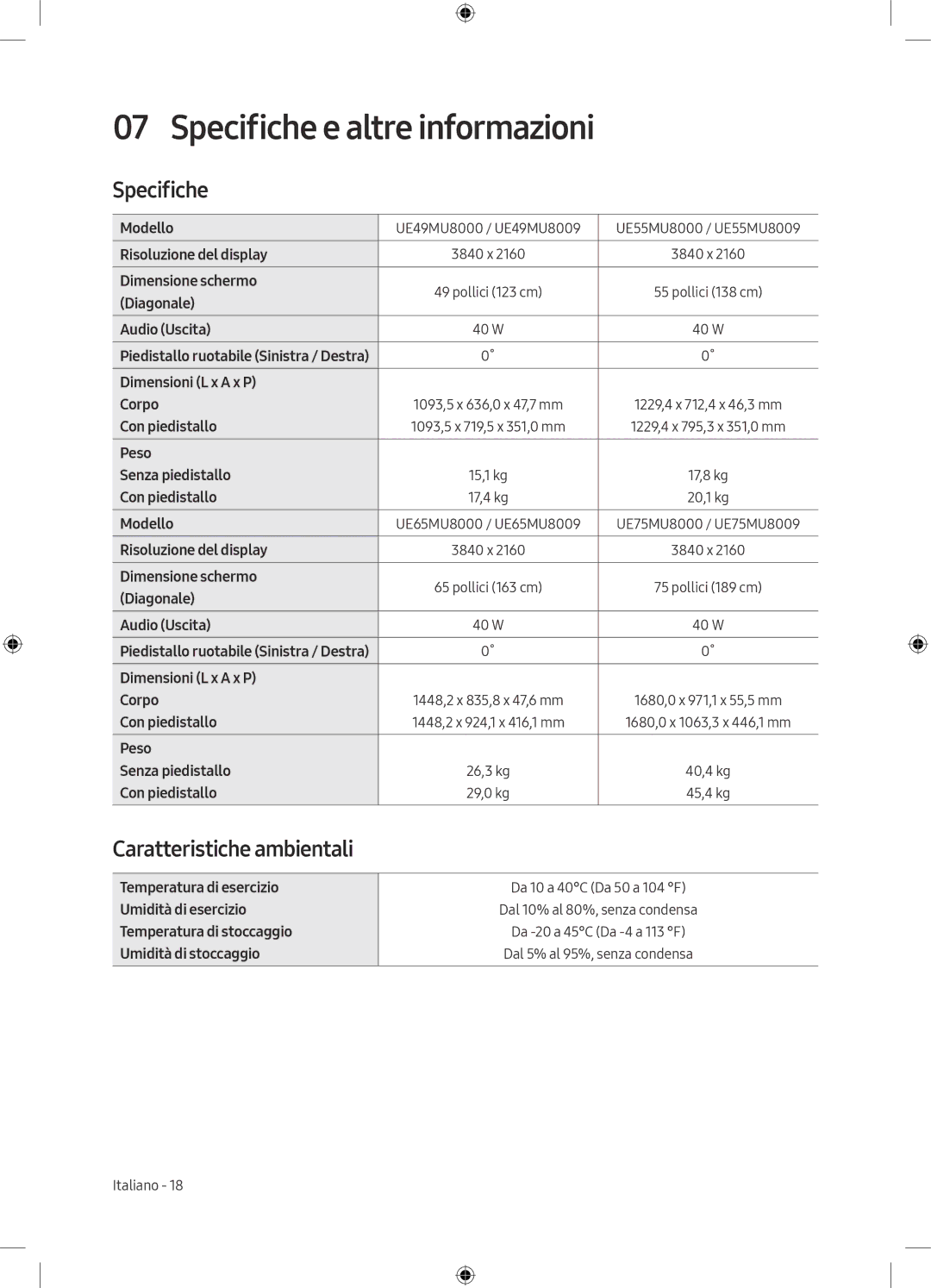 Samsung UE75MU8000TXZG, UE49MU8009TXZG, UE75MU8009TXZG manual Specifiche e altre informazioni, Caratteristiche ambientali 