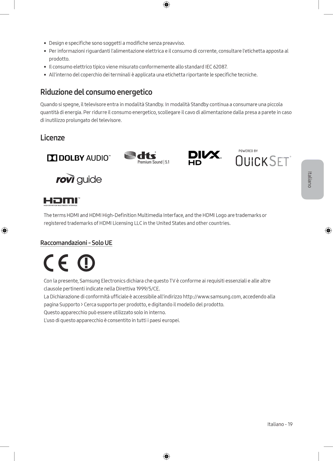 Samsung UE65MU8000TXSQ, UE49MU8009TXZG, UE75MU8009TXZG Riduzione del consumo energetico, Licenze, Raccomandazioni Solo UE 