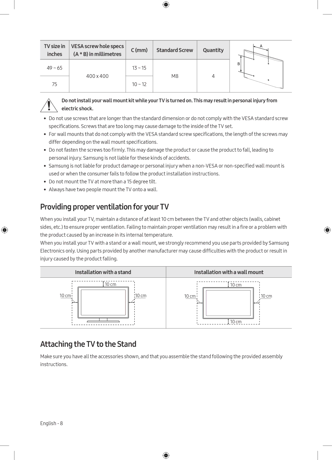 Samsung UE49MU8000TXZT, UE49MU8009TXZG manual Providing proper ventilation for your TV, Attaching the TV to the Stand 