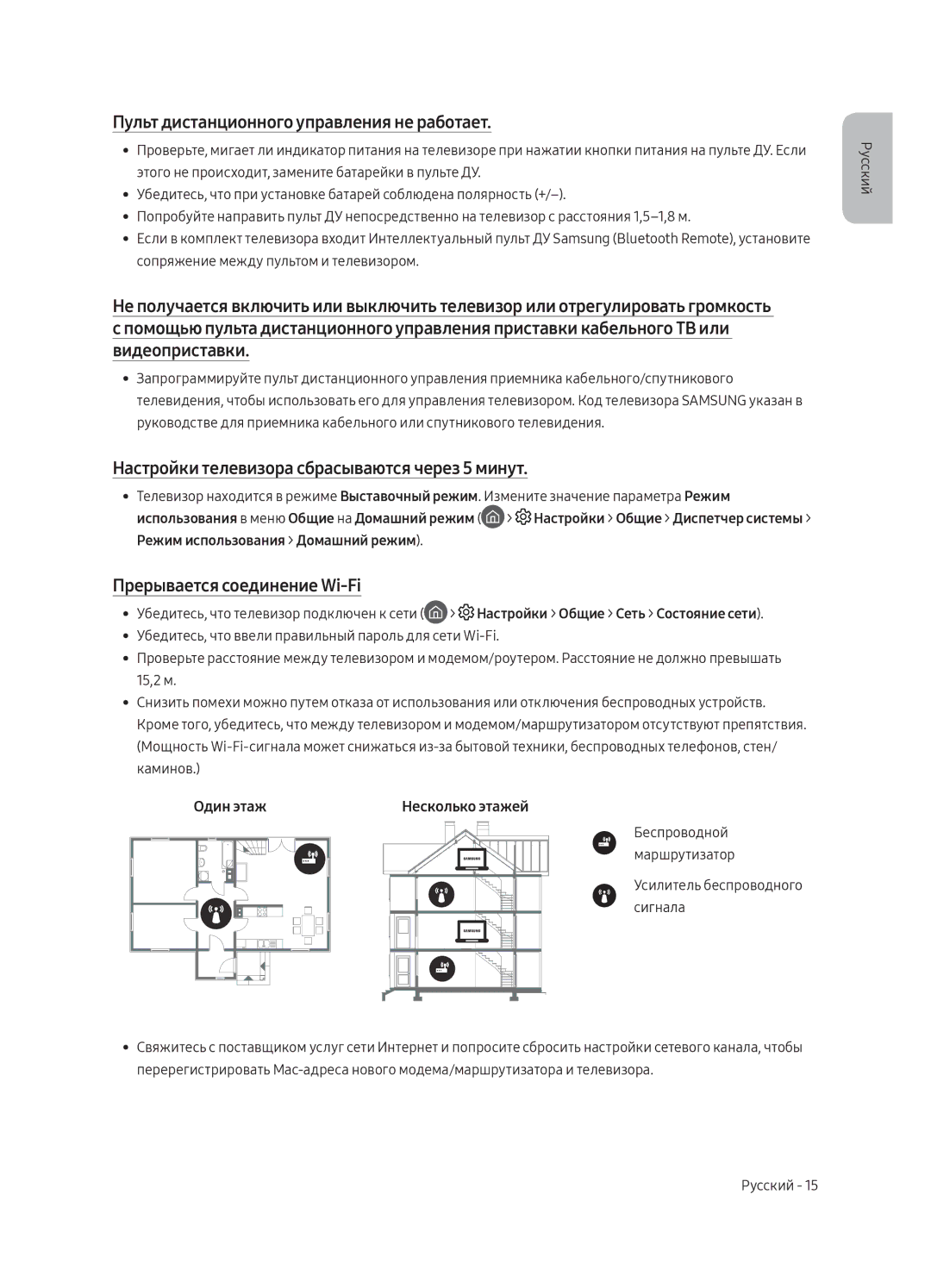 Samsung UE49MU9000UXRU manual Пульт дистанционного управления не работает, Настройки телевизора сбрасываются через 5 минут 