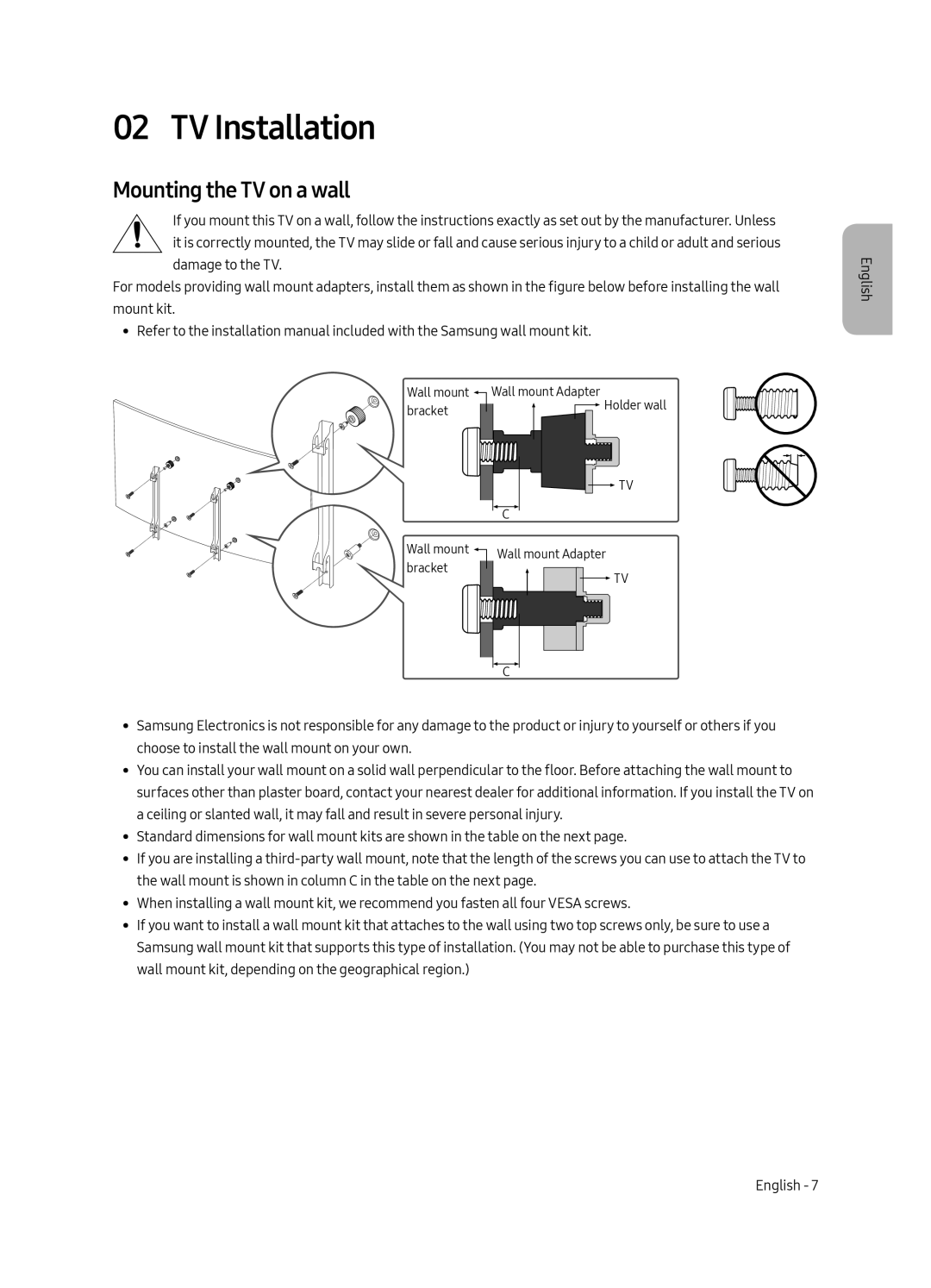 Samsung UE65MU9000UXRU, UE49MU9000UXRU, UE55MU9000UXRU manual TV Installation, Mounting the TV on a wall 