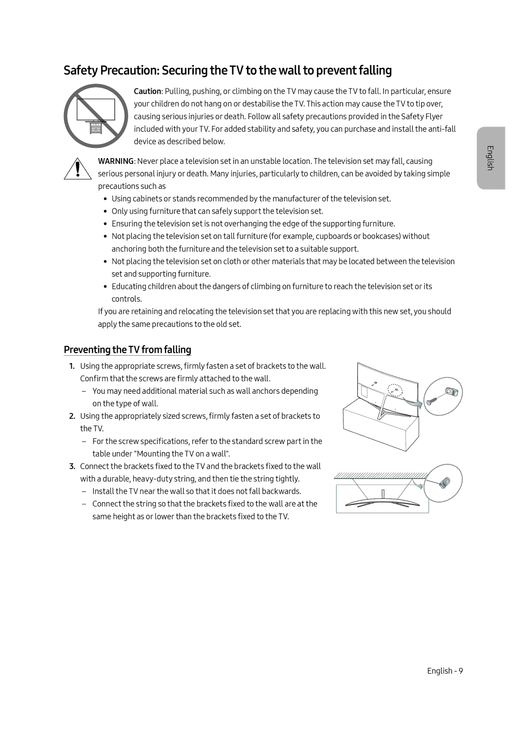 Samsung UE55MU9000UXRU, UE49MU9000UXRU, UE65MU9000UXRU manual Preventing the TV from falling 