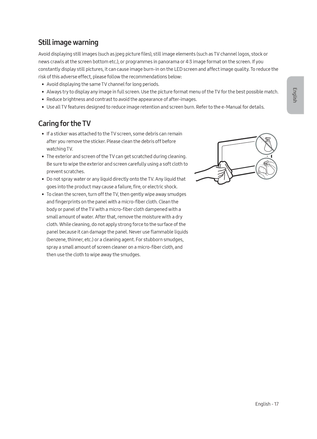 Samsung UE49MU9000UXRU, UE55MU9000UXRU, UE65MU9000UXRU manual Still image warning, Caring for the TV 