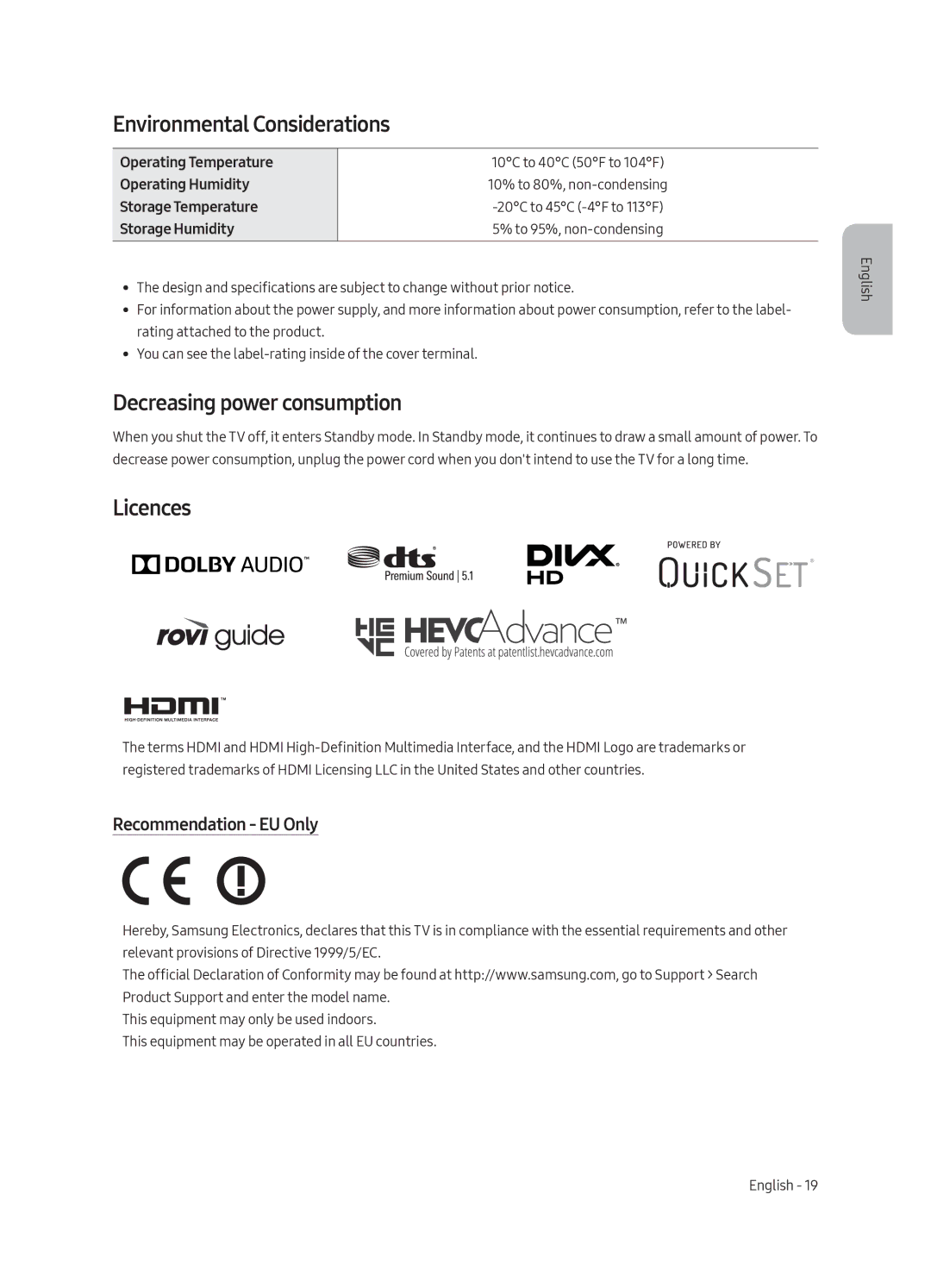 Samsung UE65MU9000UXRU manual Environmental Considerations, Decreasing power consumption, Licences, Recommendation EU Only 