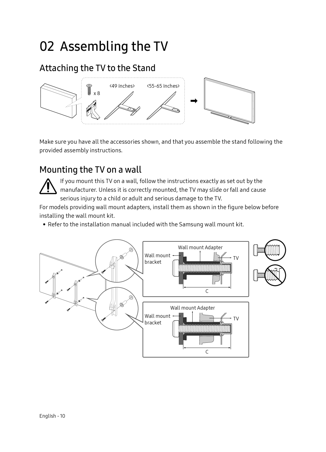 Samsung UE49NU8070TXXU, UE55NU8070TXXU manual Assembling the TV, Attaching the TV to the Stand, Mounting the TV on a wall 