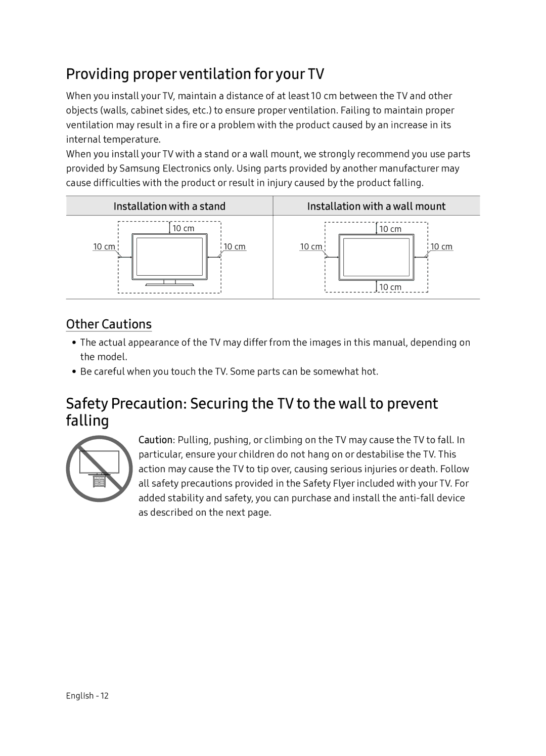 Samsung UE49NU8070TXXU, UE55NU8070TXXU manual Providing proper ventilation for your TV, Other Cautions 