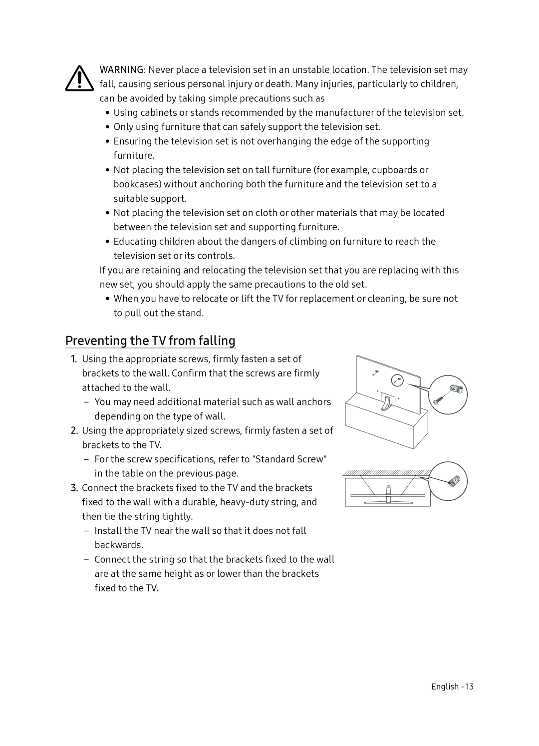 Samsung UE55NU8070TXXU, UE49NU8070TXXU manual Preventing the TV from falling 