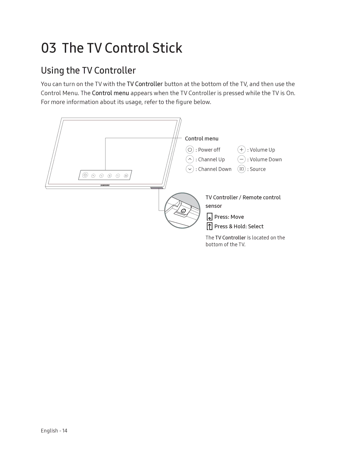 Samsung UE49NU8070TXXU, UE55NU8070TXXU manual TV Control Stick, Using the TV Controller 