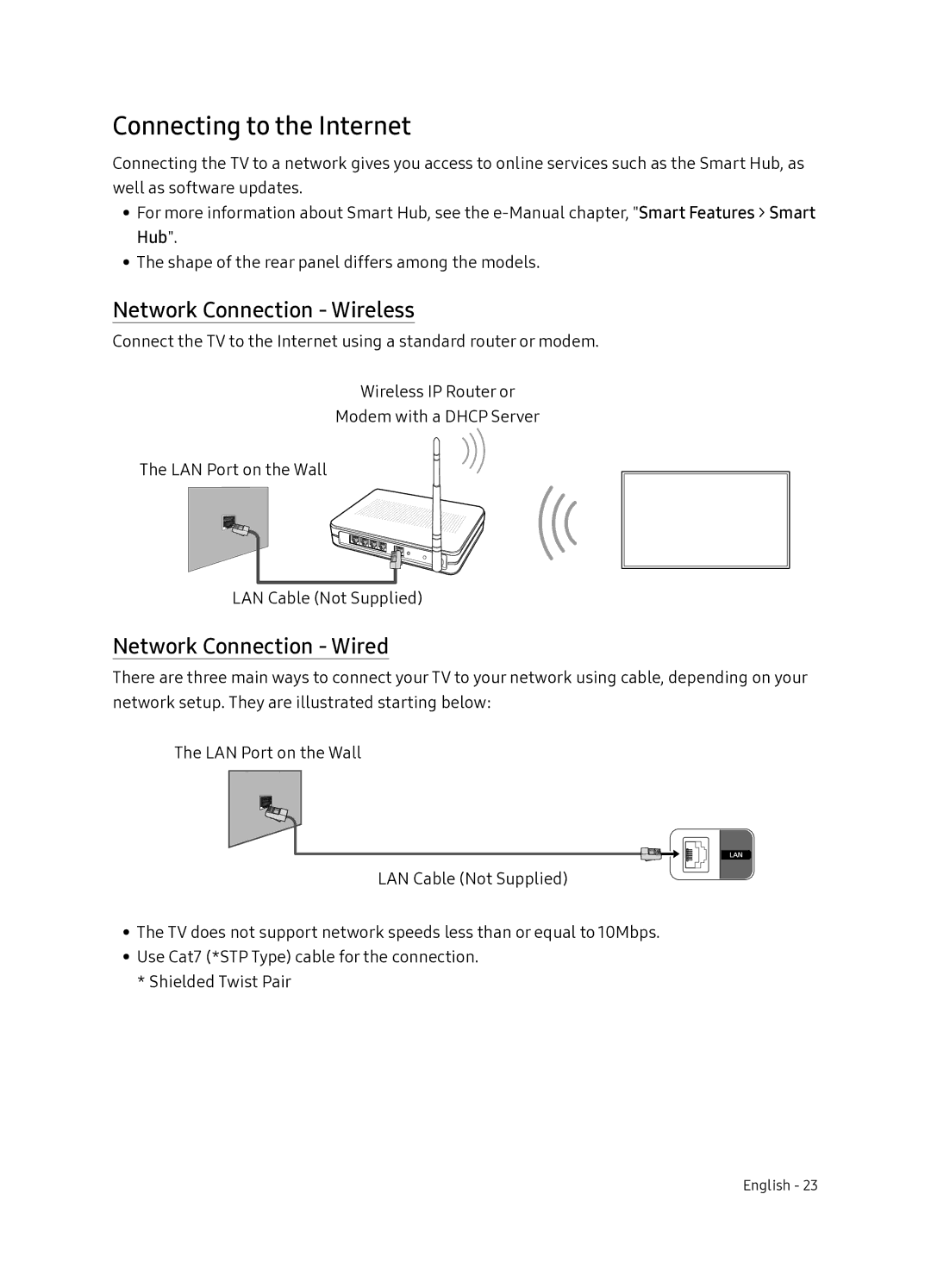 Samsung UE55NU8070TXXU, UE49NU8070TXXU Connecting to the Internet, Network Connection Wireless, Network Connection Wired 