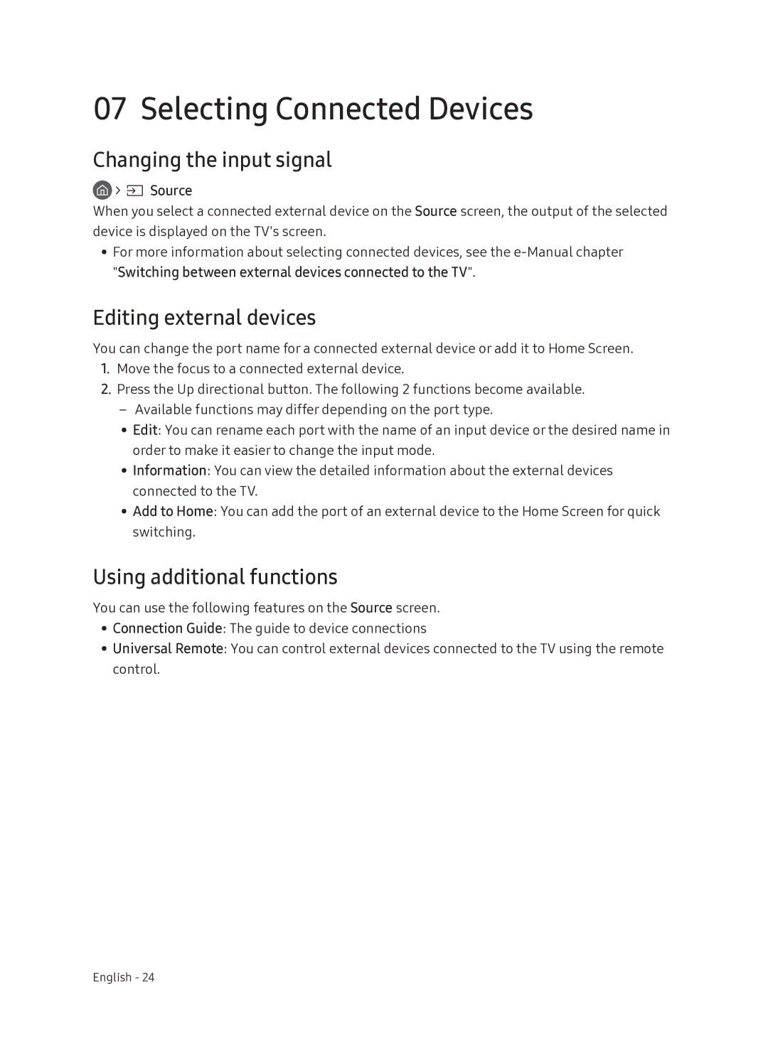 Samsung UE49NU8070TXXU, UE55NU8070TXXU Selecting Connected Devices, Changing the input signal, Editing external devices 