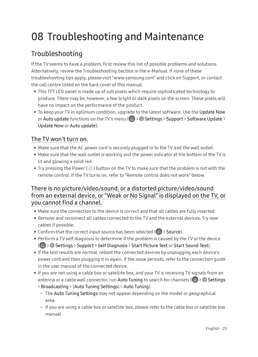 Samsung UE55NU8070TXXU, UE49NU8070TXXU manual Troubleshooting and Maintenance, TV won’t turn on 