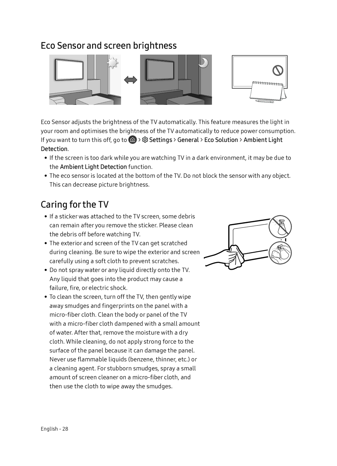 Samsung UE49NU8070TXXU, UE55NU8070TXXU manual Eco Sensor and screen brightness, Caring for the TV 