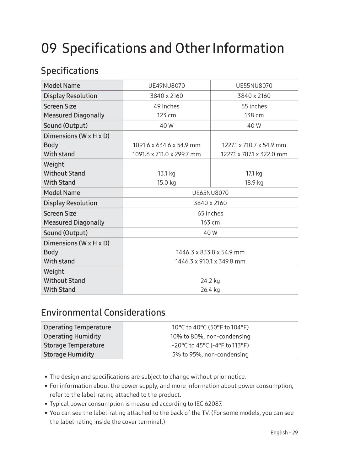 Samsung UE55NU8070TXXU, UE49NU8070TXXU manual Specifications and Other Information, Environmental Considerations 