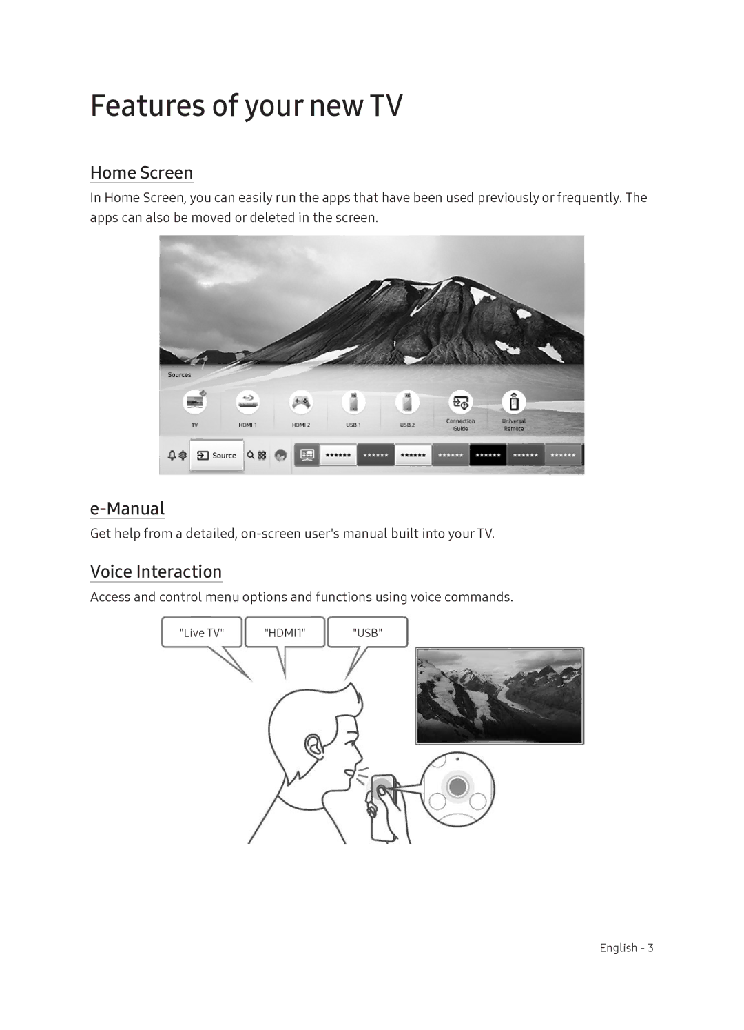 Samsung UE55NU8070TXXU, UE49NU8070TXXU manual Features of your new TV, Home Screen, Manual Voice Interaction 