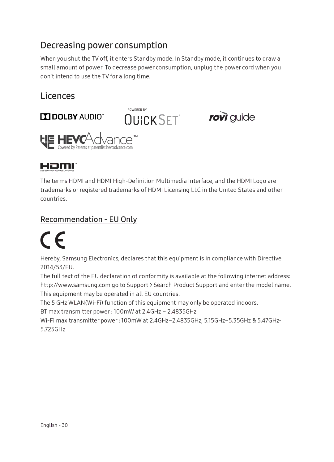 Samsung UE49NU8070TXXU, UE55NU8070TXXU manual Decreasing power consumption, Licences, Recommendation EU Only 