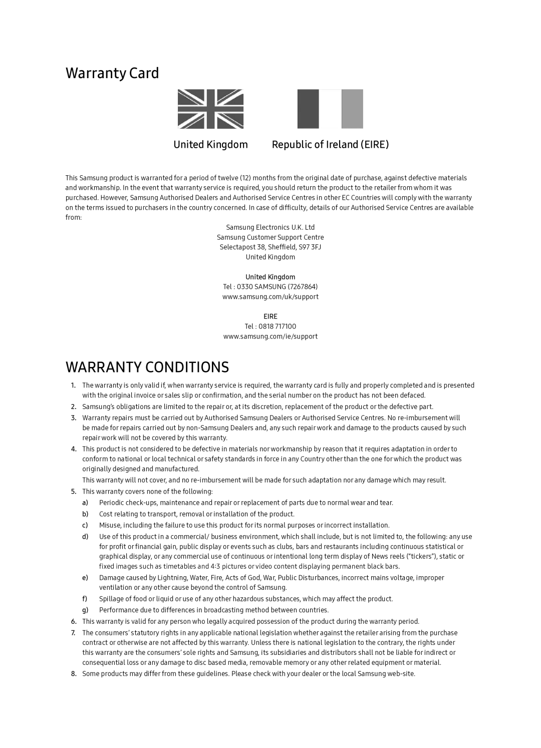 Samsung UE49NU8070TXXU, UE55NU8070TXXU manual Warranty Card, United Kingdom 