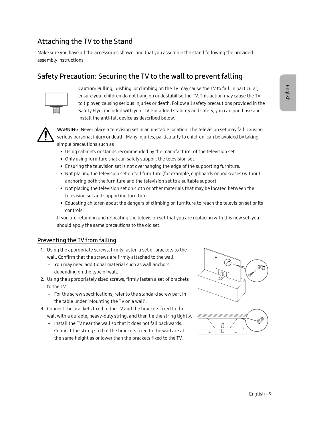 Samsung UE55NU8070UXRU, UE49NU8070UXRU manual Attaching the TV to the Stand, Preventing the TV from falling 