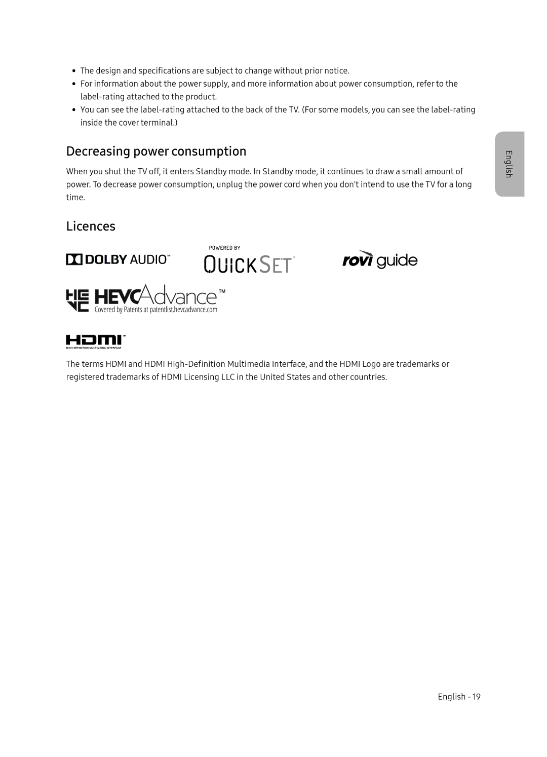 Samsung UE55NU8070UXRU, UE49NU8070UXRU manual Decreasing power consumption, Licences 