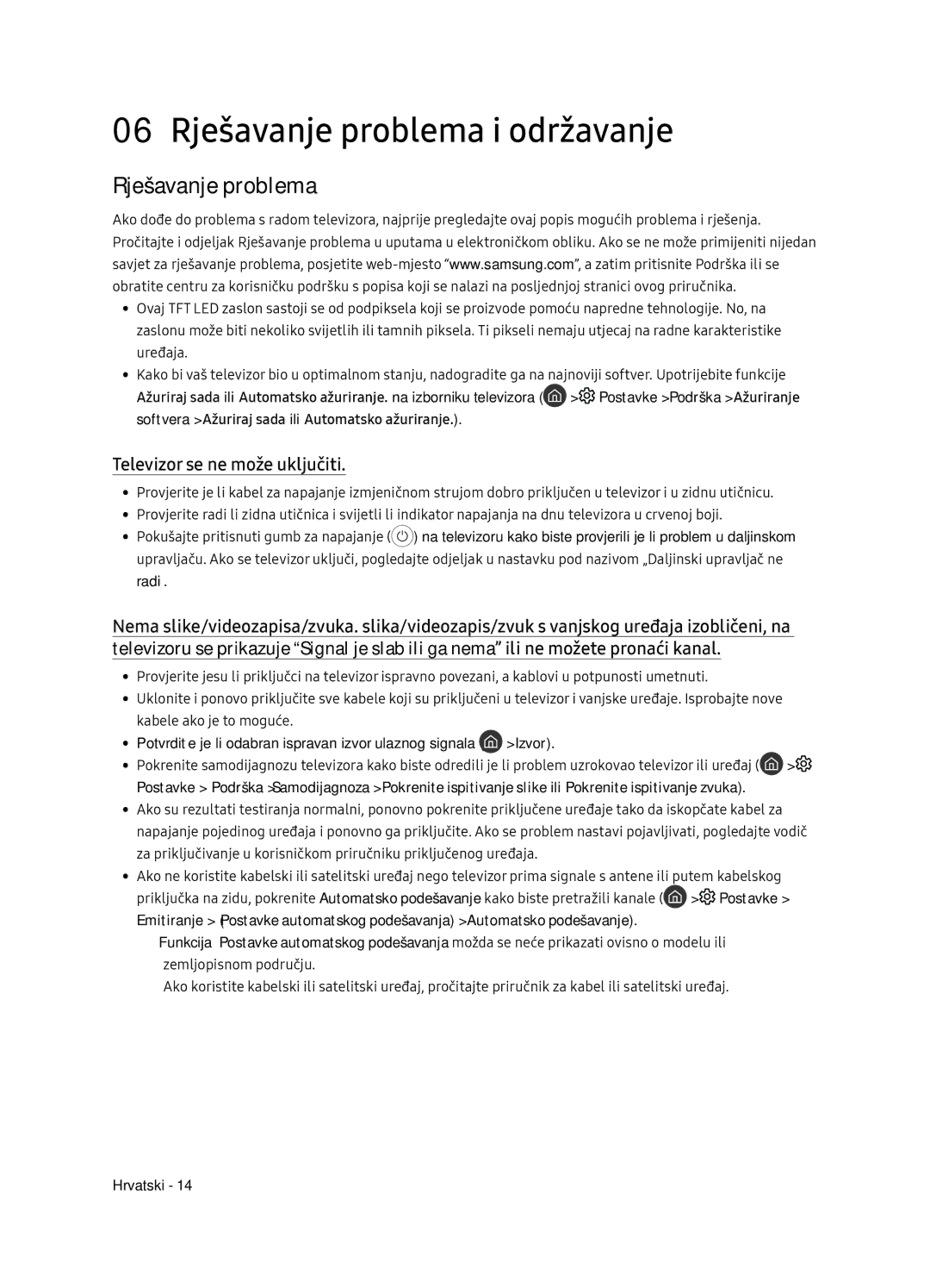 Samsung UE65NU8052TXXH manual 06 Rješavanje problema i održavanje, Televizor se ne može uključiti, Izvor, Postavke 