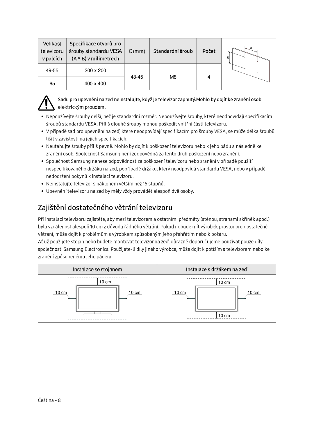 Samsung UE49NU8072TXXH manual Zajištění dostatečného větrání televizoru, Velikost, Televizoru, Standardní šroub Počet 