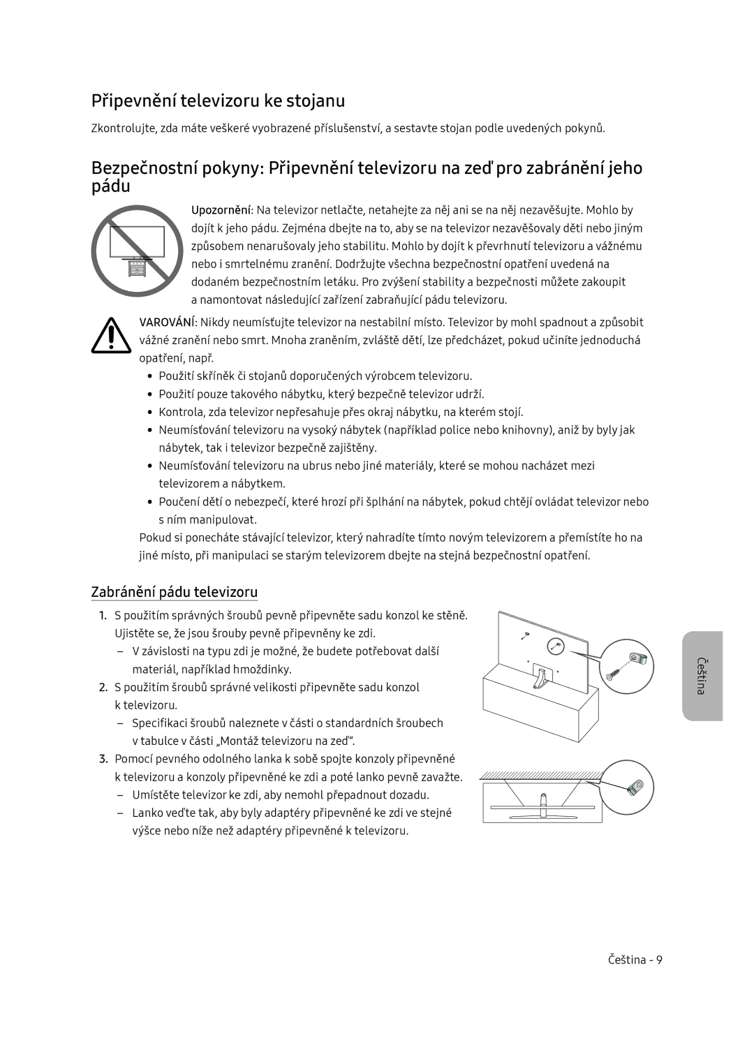 Samsung UE55NU8052TXXH, UE49NU8072TXXH, UE65NU8052TXXH manual Připevnění televizoru ke stojanu, Zabránění pádu televizoru 