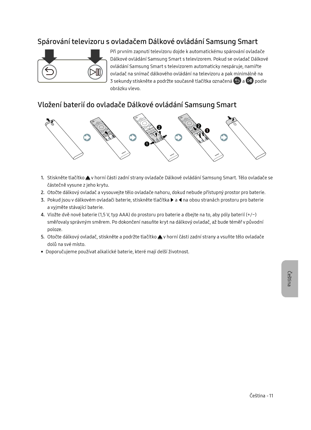 Samsung UE49NU8052TXXH, UE49NU8072TXXH, UE55NU8052TXXH manual Vložení baterií do ovladače Dálkové ovládání Samsung Smart 