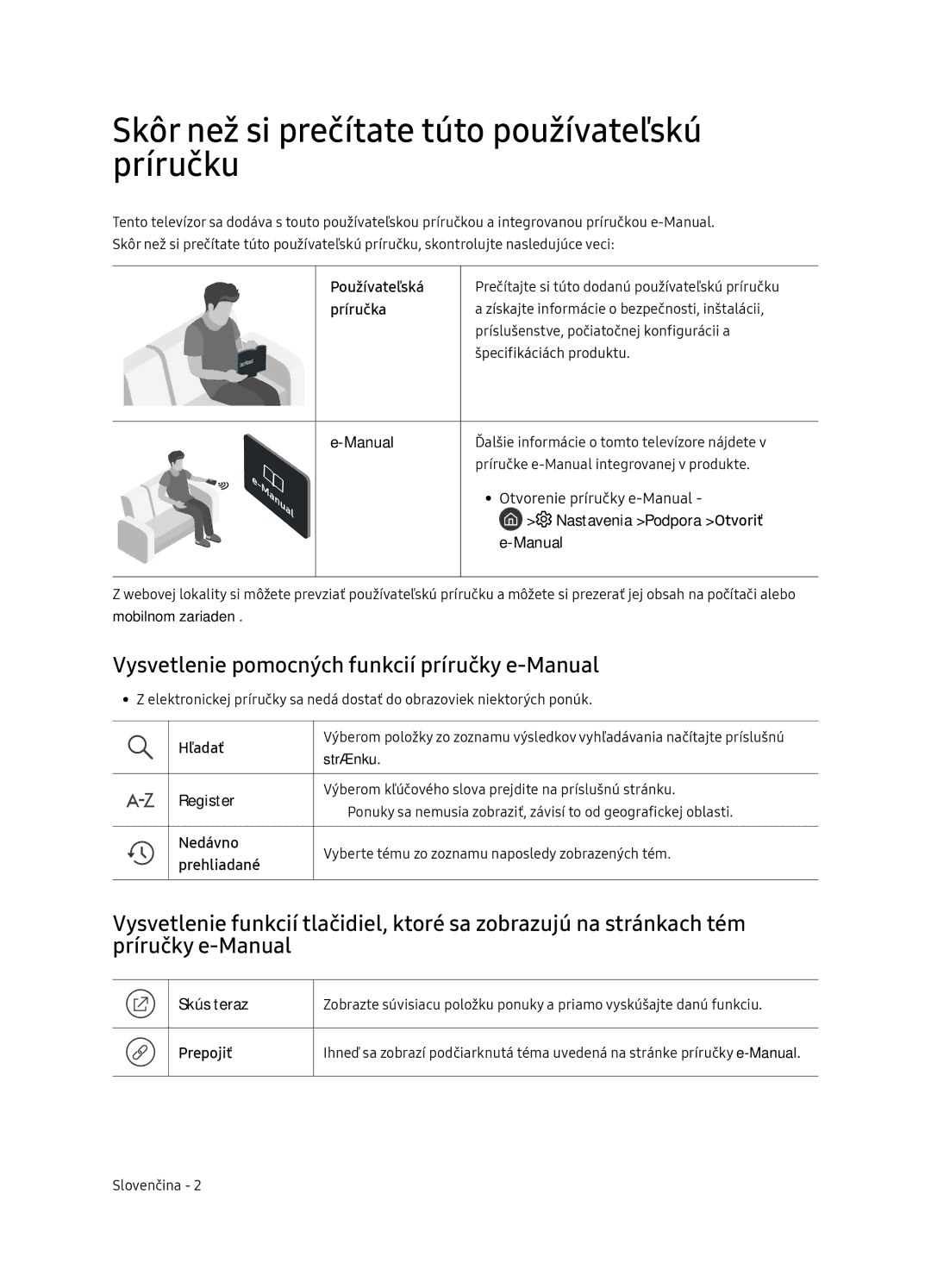 Samsung UE65NU8052TXXH Skôr než si prečítate túto používateľskú príručku, Vysvetlenie pomocných funkcií príručky e-Manual 