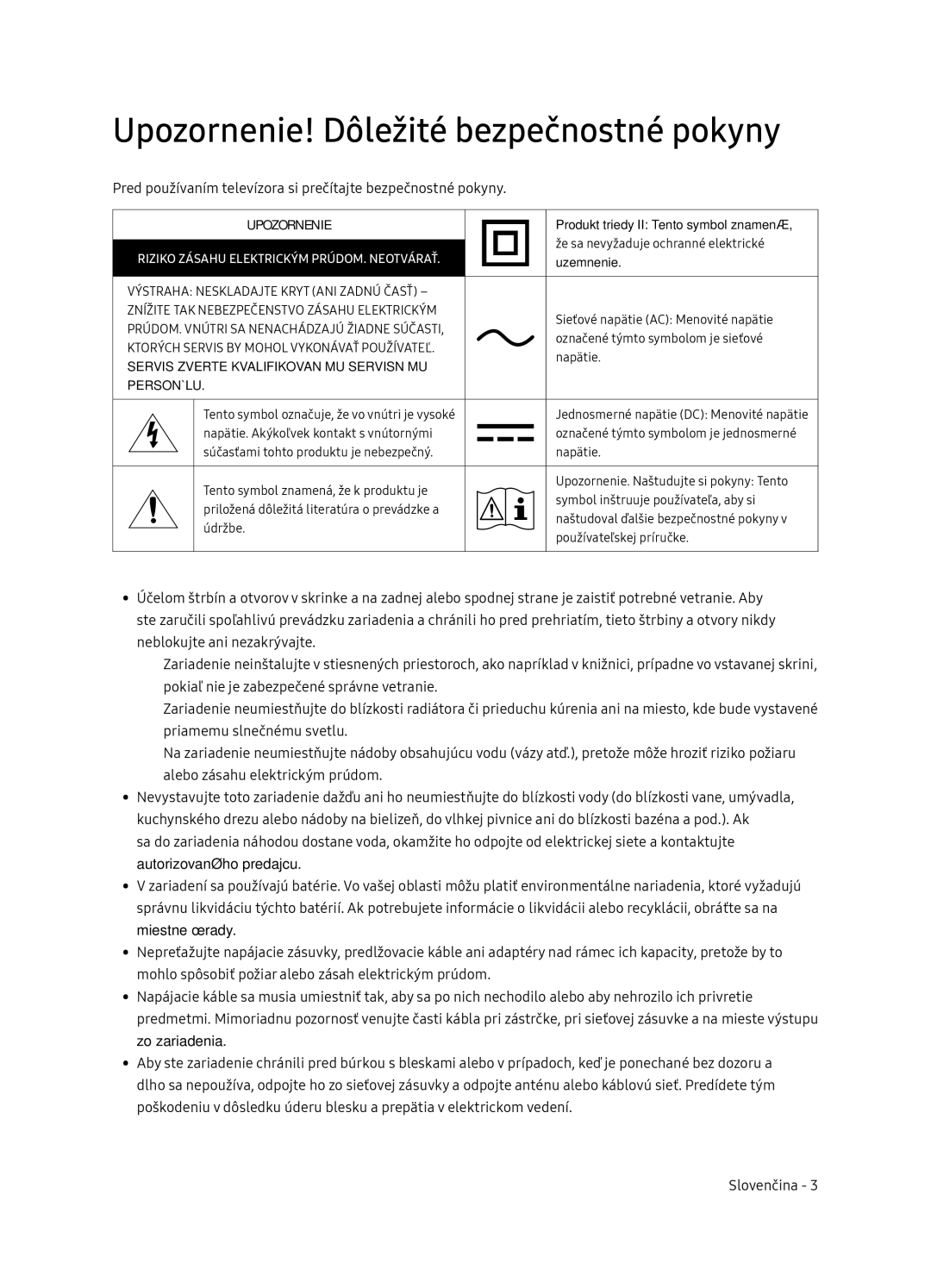 Samsung UE49NU8052TXXH, UE49NU8072TXXH, UE55NU8052TXXH, UE65NU8052TXXH manual Upozornenie! Dôležité bezpečnostné pokyny 