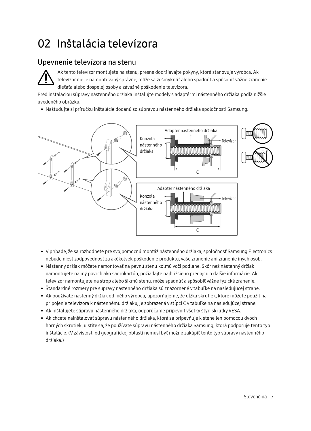 Samsung UE49NU8052TXXH, UE49NU8072TXXH, UE55NU8052TXXH manual 02 Inštalácia televízora, Upevnenie televízora na stenu 