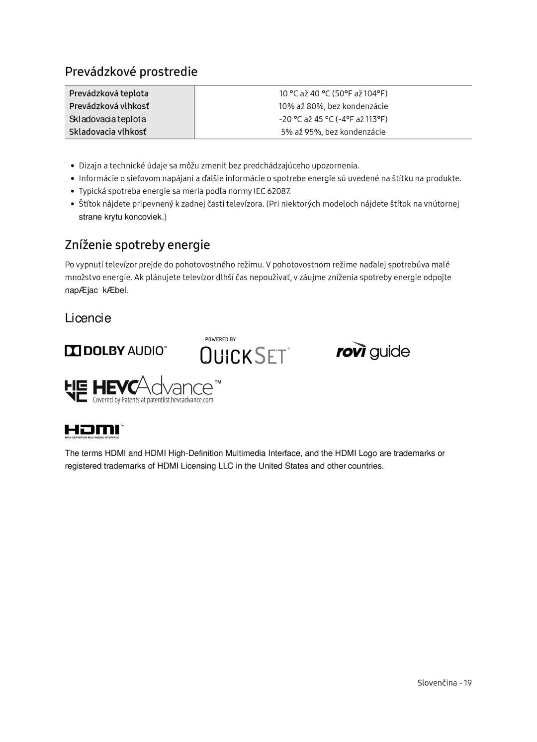 Samsung UE49NU8052TXXH, UE49NU8072TXXH, UE55NU8052TXXH manual Prevádzkové prostredie, Zníženie spotreby energie, Licencie 