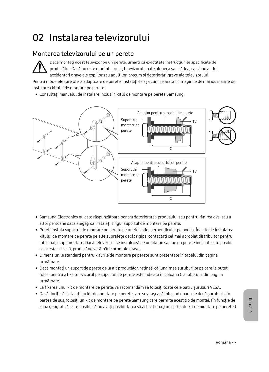 Samsung UE49NU8052TXXH, UE49NU8072TXXH, UE55NU8052TXXH manual Instalarea televizorului, Montarea televizorului pe un perete 