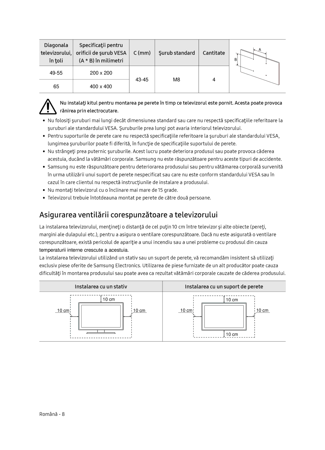 Samsung UE49NU8072TXXH manual Asigurarea ventilării corespunzătoare a televizorului, În ţoli, Instalarea cu un stativ 