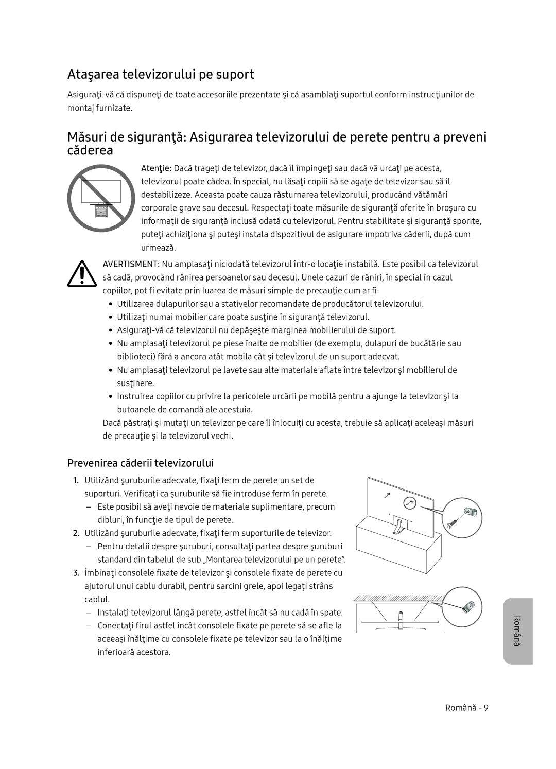 Samsung UE55NU8052TXXH, UE49NU8072TXXH, UE65NU8052TXXH Ataşarea televizorului pe suport, Prevenirea căderii televizorului 