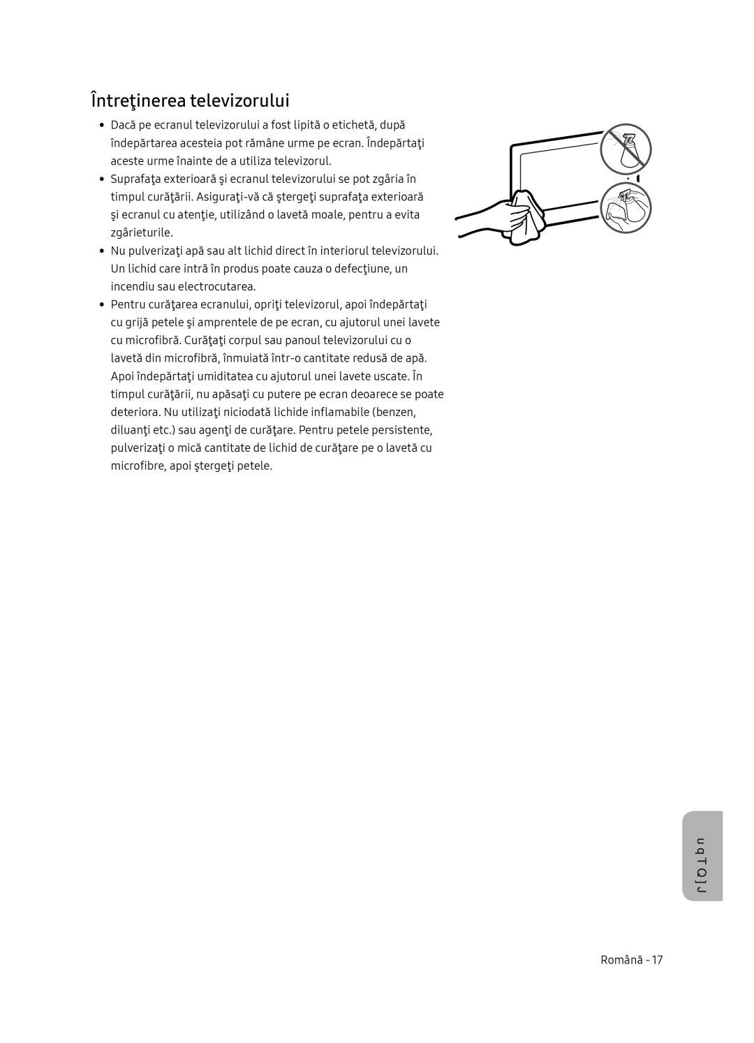 Samsung UE55NU8052TXXH, UE49NU8072TXXH, UE65NU8052TXXH, UE49NU8052TXXH manual Întreţinerea televizorului 