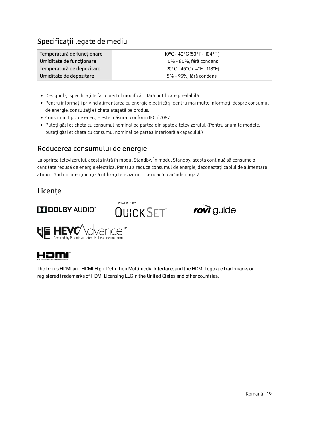 Samsung UE49NU8052TXXH, UE49NU8072TXXH manual Specificaţii legate de mediu, Reducerea consumului de energie, Licenţe 