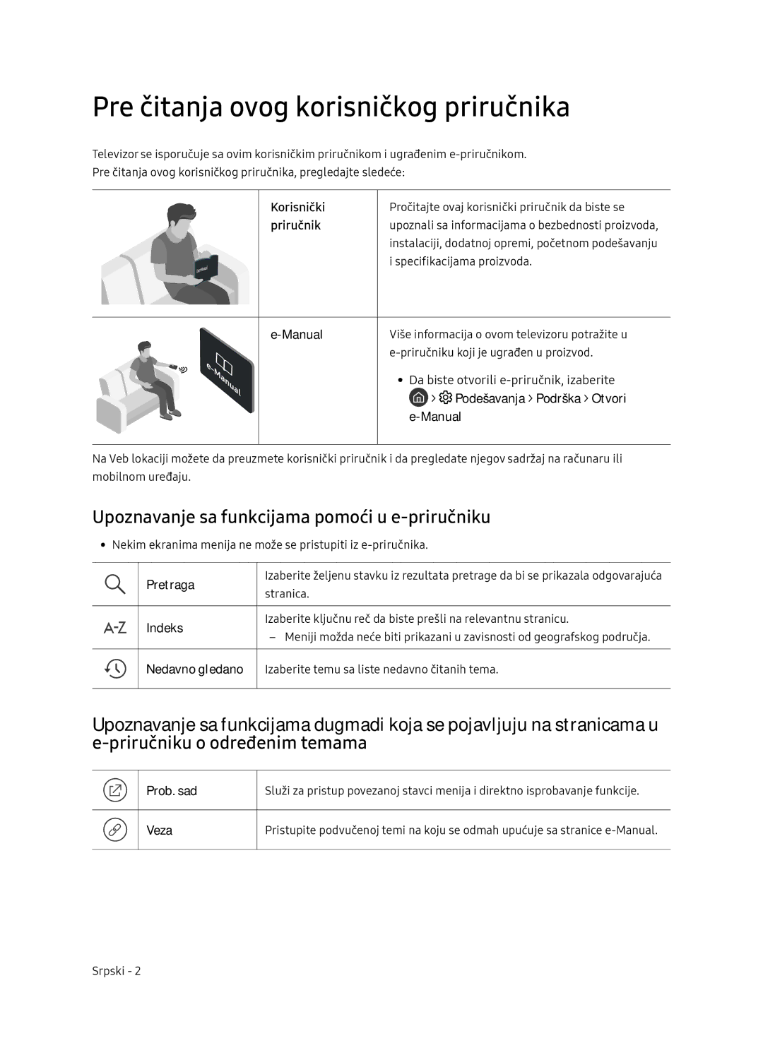 Samsung UE65NU8052TXXH Pre čitanja ovog korisničkog priručnika, Upoznavanje sa funkcijama pomoći u e-priručniku, Pretraga 