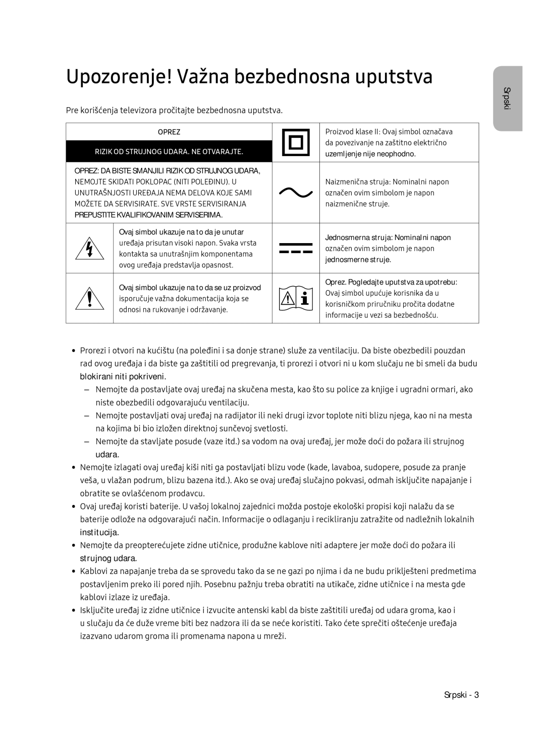 Samsung UE49NU8052TXXH Upozorenje! Važna bezbednosna uputstva, Pre korišćenja televizora pročitajte bezbednosna uputstva 