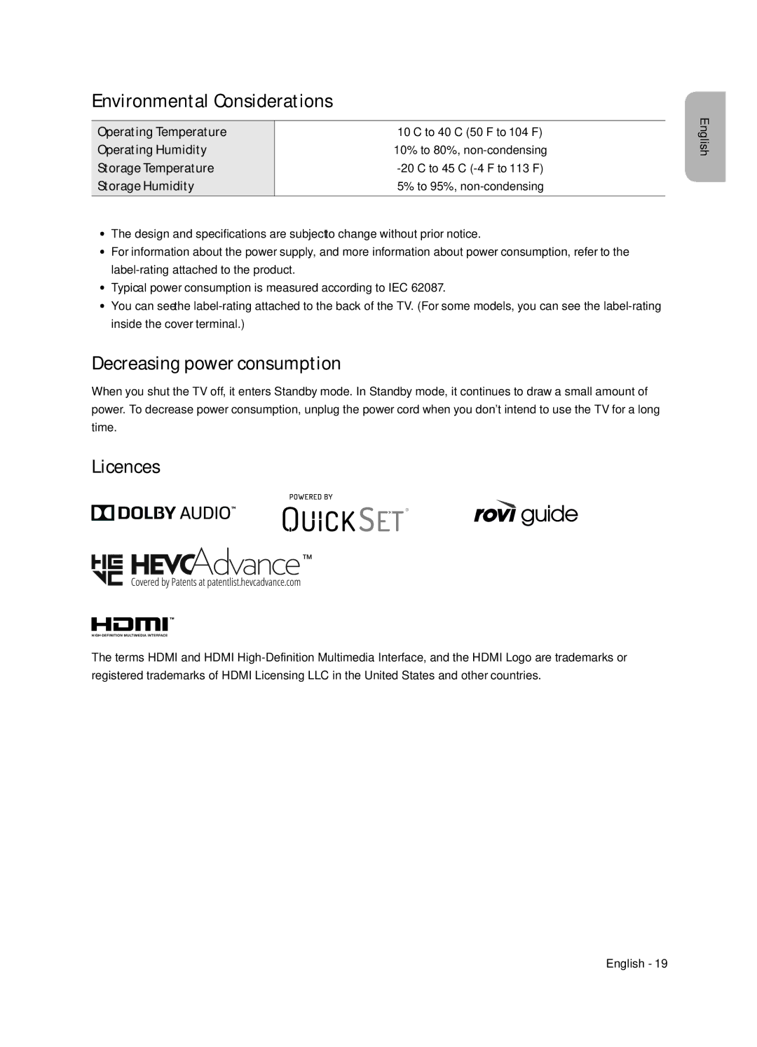 Samsung UE49NU8052TXXH, UE49NU8072TXXH, UE55NU8052TXXH Environmental Considerations, Decreasing power consumption, Licences 