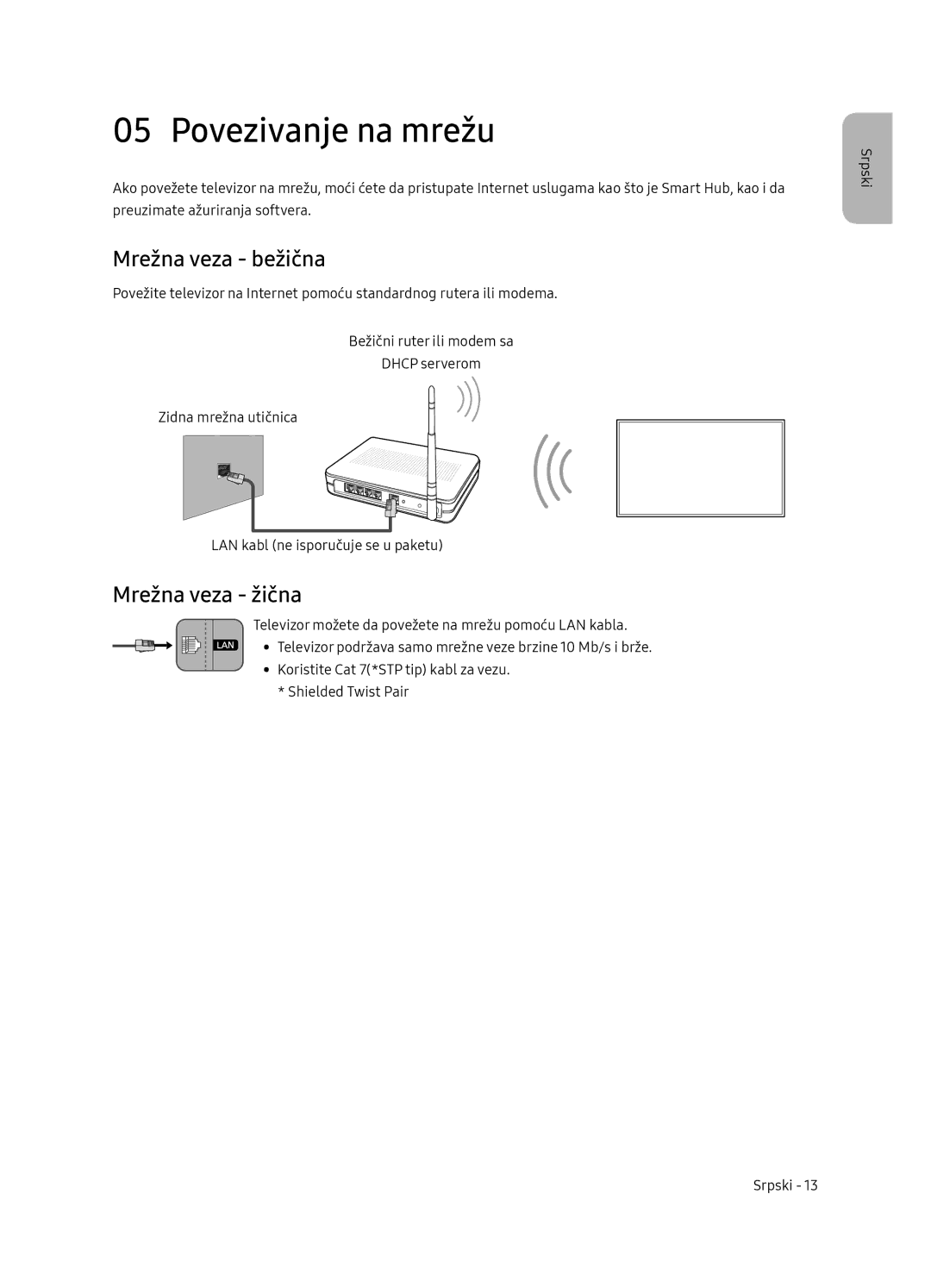 Samsung UE55NU8052TXXH, UE49NU8072TXXH, UE65NU8052TXXH manual Povezivanje na mrežu, Mrežna veza bežična, Mrežna veza žična 