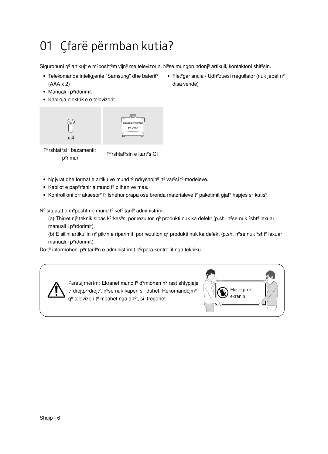 Samsung UE65NU8052TXXH, UE49NU8072TXXH, UE55NU8052TXXH, UE49NU8052TXXH manual 01 Çfarë përmban kutia? 