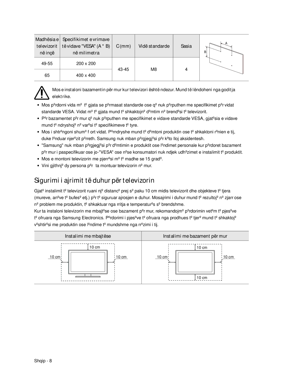 Samsung UE49NU8072TXXH, UE55NU8052TXXH manual Sigurimi i ajrimit të duhur për televizorin, Madhësia e Specifikimet e vrimave 