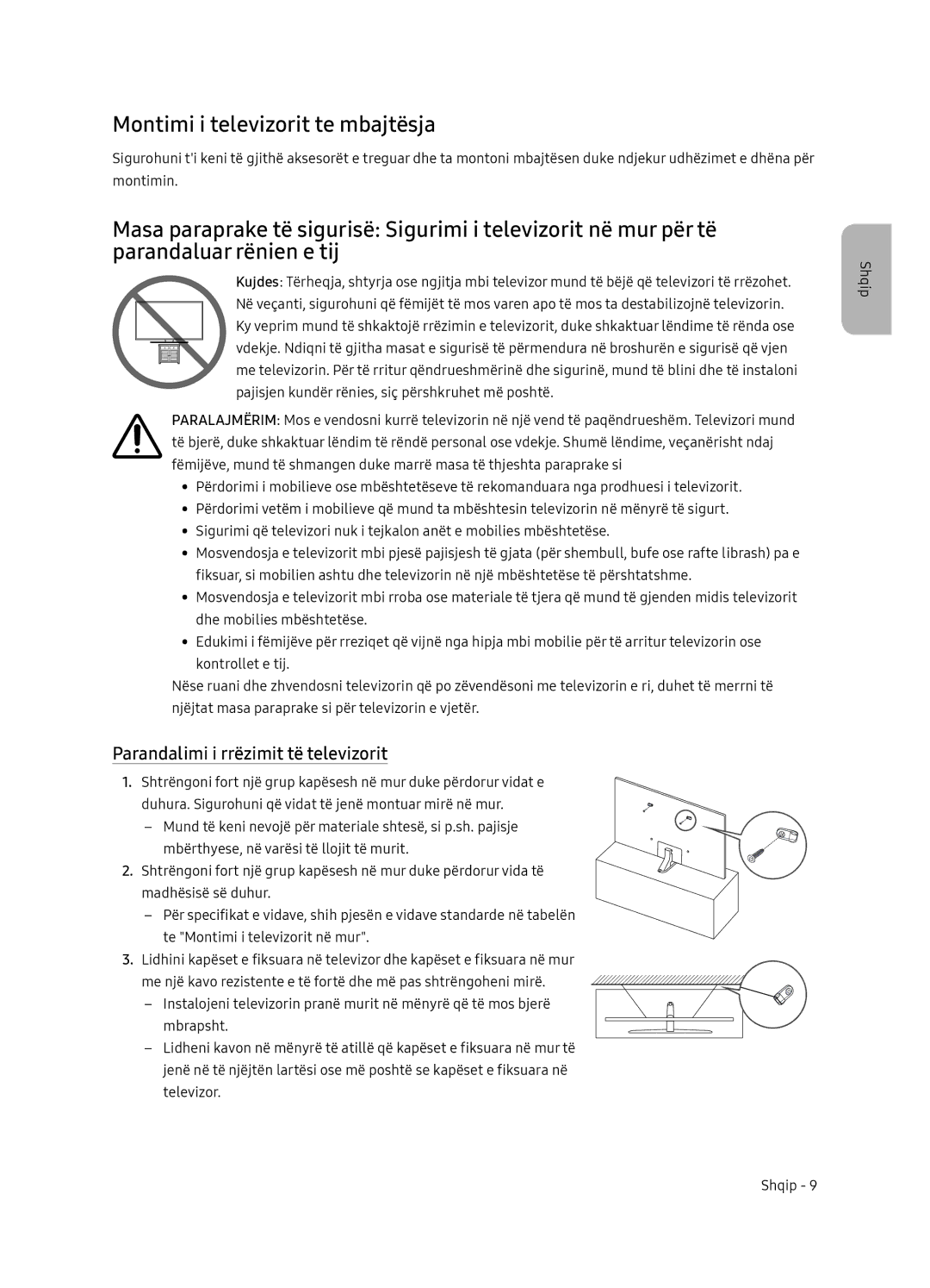 Samsung UE55NU8052TXXH, UE49NU8072TXXH manual Montimi i televizorit te mbajtësja, Parandalimi i rrëzimit të televizorit 