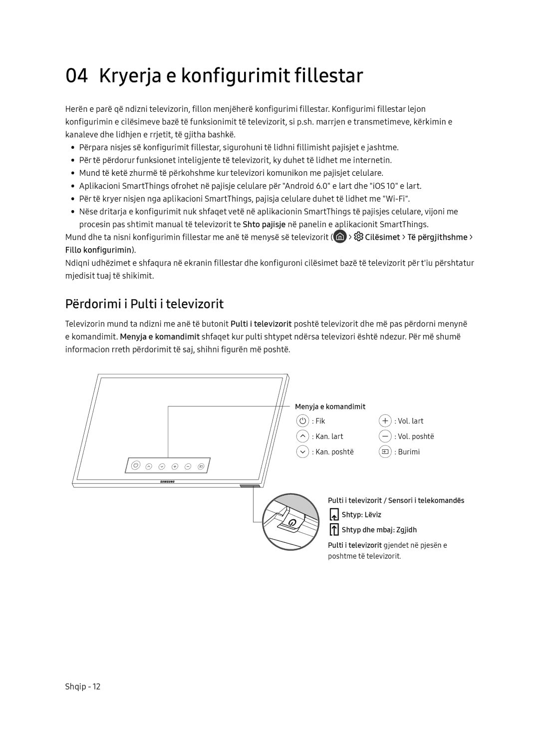 Samsung UE49NU8072TXXH manual Kryerja e konfigurimit fillestar, Përdorimi i Pulti i televizorit, Fillo konfigurimin 