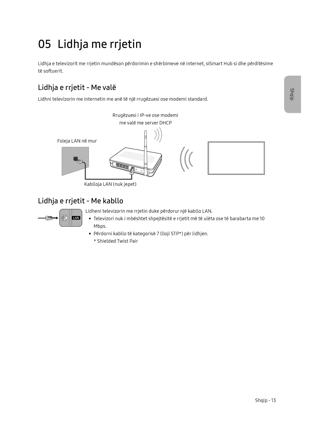 Samsung UE55NU8052TXXH, UE49NU8072TXXH manual Lidhja me rrjetin, Lidhja e rrjetit Me valë, Lidhja e rrjetit Me kabllo 