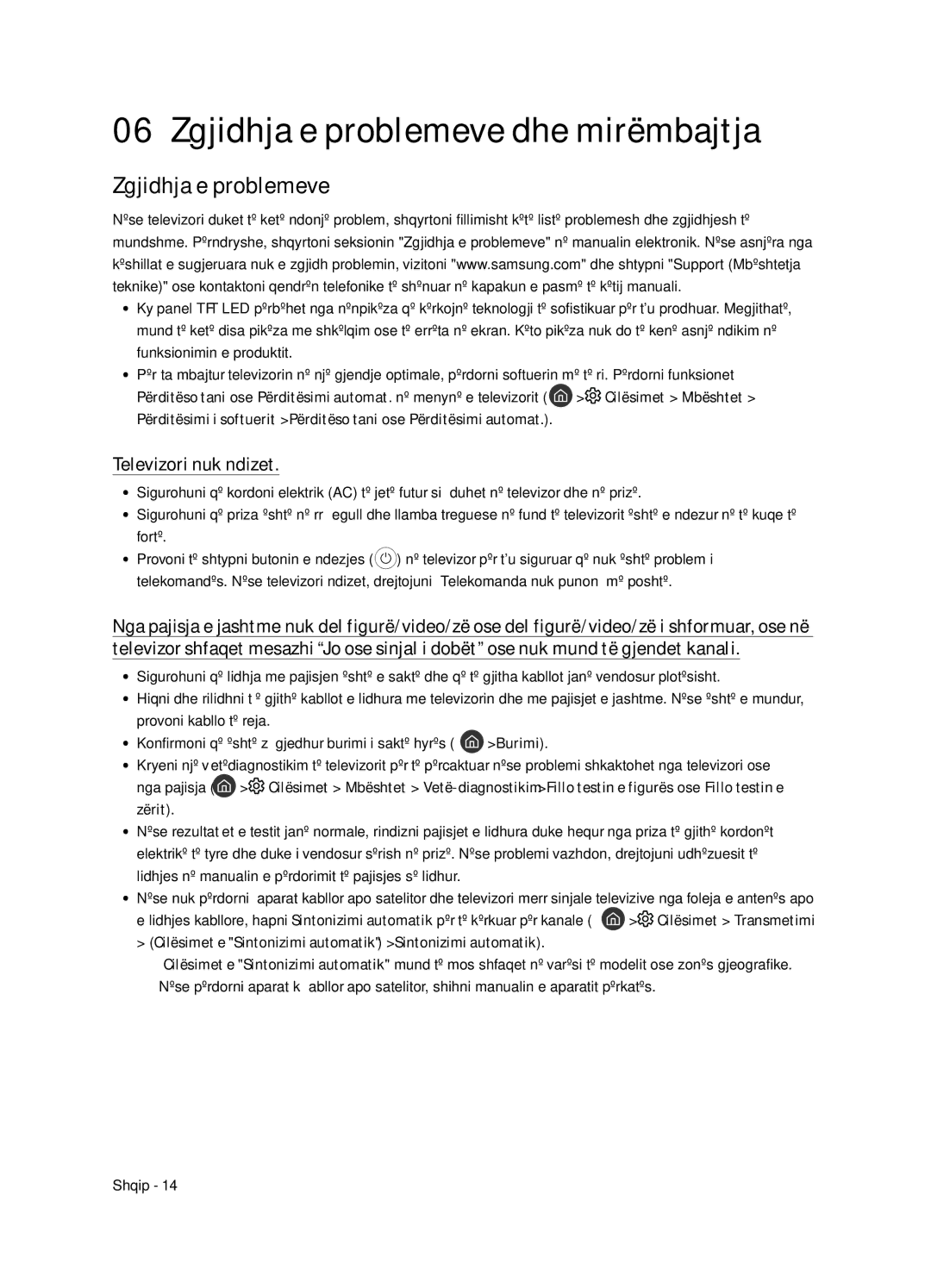 Samsung UE65NU8052TXXH, UE49NU8072TXXH, UE55NU8052TXXH manual Zgjidhja e problemeve dhe mirëmbajtja, Televizori nuk ndizet 