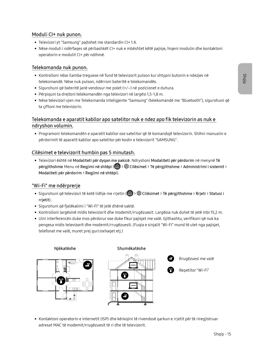 Samsung UE49NU8052TXXH manual Moduli CI+ nuk punon, Telekomanda nuk punon, Cilësimet e televizorit humbin pas 5 minutash 